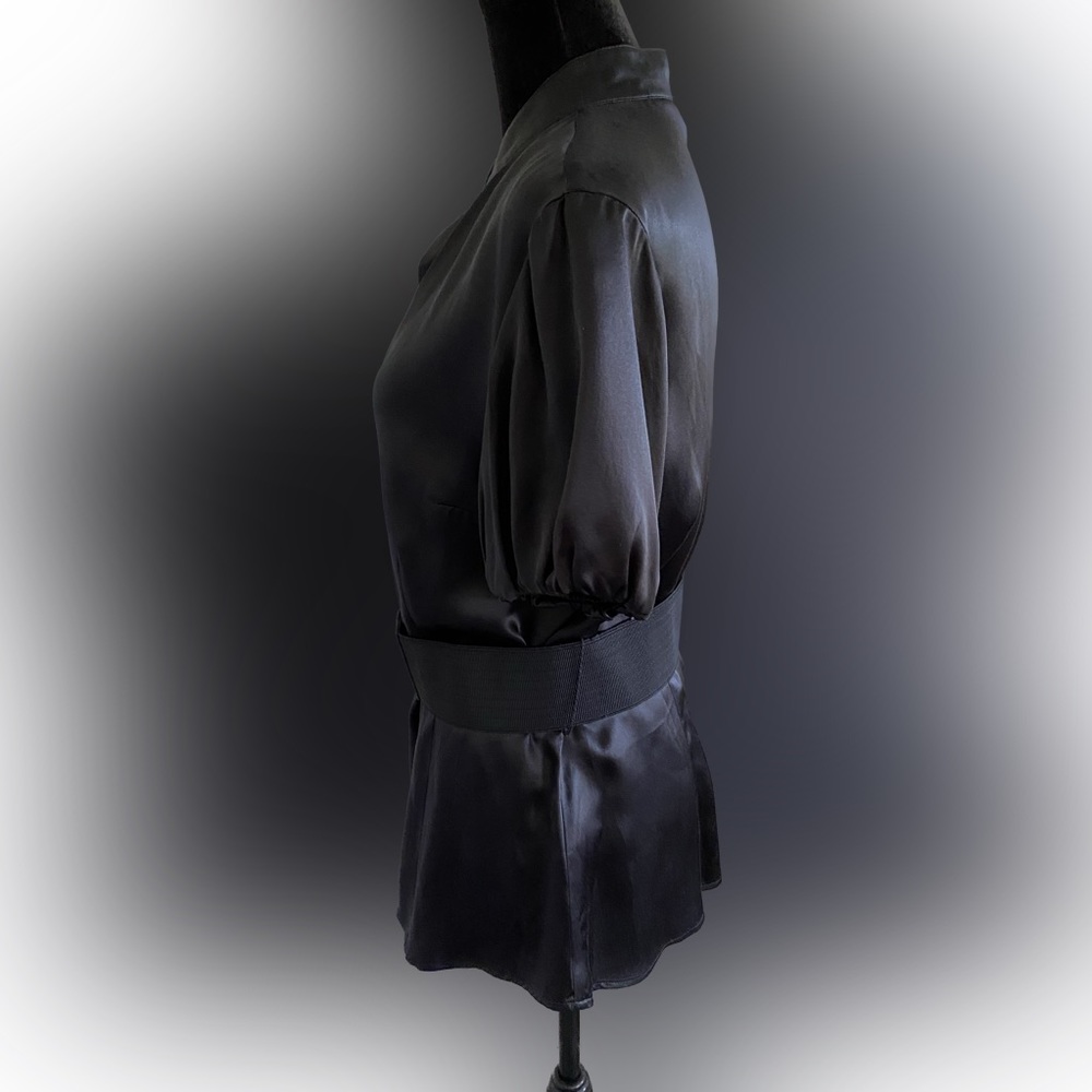 White House Black Market Black Satin Button-Front Blouse with Belt - Picture 4 of 8